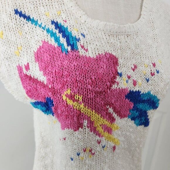 Vintage Sweater Womens L Cream Floral Crochet Open Knit 80s Skating Rink Prop - Picture 3 of 14